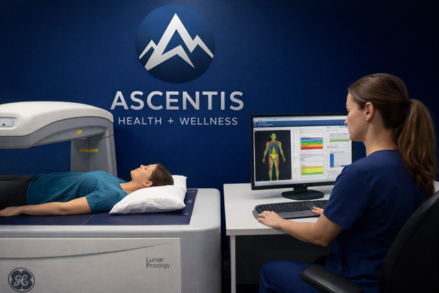 Person working at a computer as a patient goes through a Dexa scanner machine